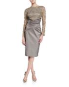 Long-sleeve Taffeta Cocktail Dress W/ Pleated Waist & Corded