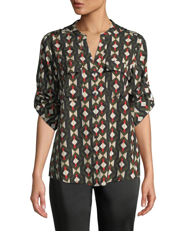 Geometric-print Button-front Roll-sleeve Blouse