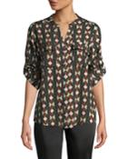 Geometric-print Button-front Roll-sleeve Blouse