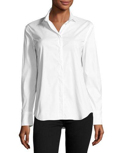 Stretch Poplin Hidden-button Blouse, White