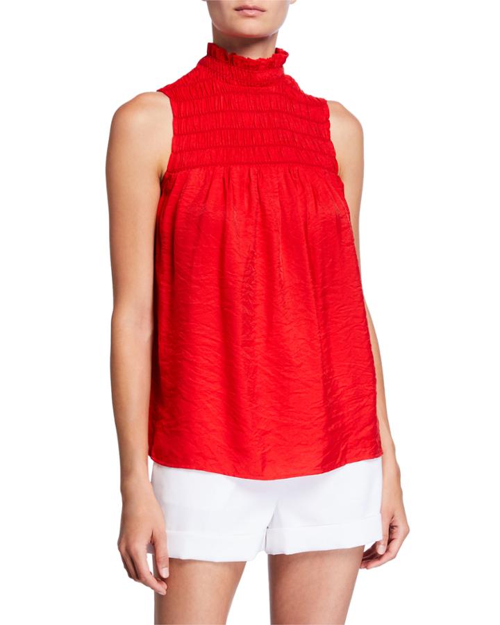 Mock-neck Smocked-yoke Top