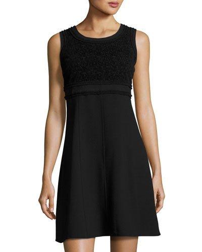 Flocked-lace A-line Dress, Black