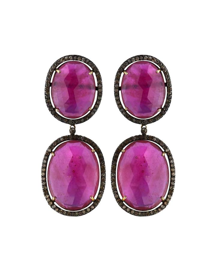 Diamond & Glass Ruby 2-oval Drop Earrings