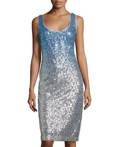 Sleeveless Ombre Sequin Cocktail Dress, Blue