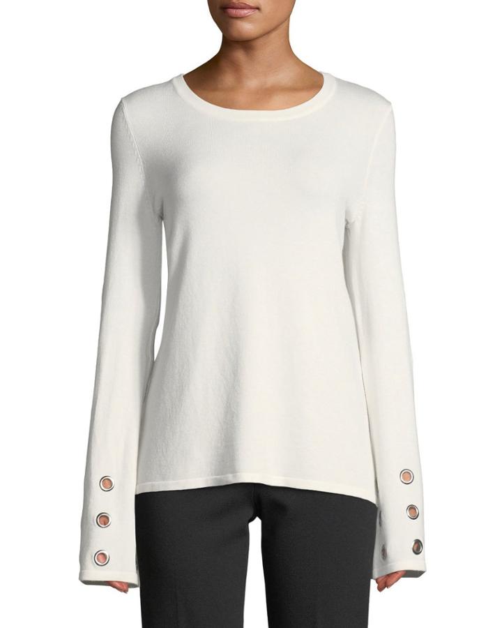 Bell-sleeve Pullover Knit Sweater W/ Grommet Trim