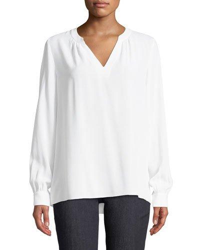Long-sleeve Silk V-neck Blouse