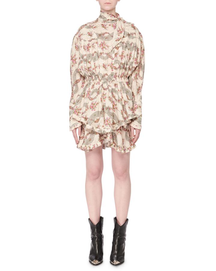 Josephine Antique Floral-print Tie-neck Long-sleeve Dress