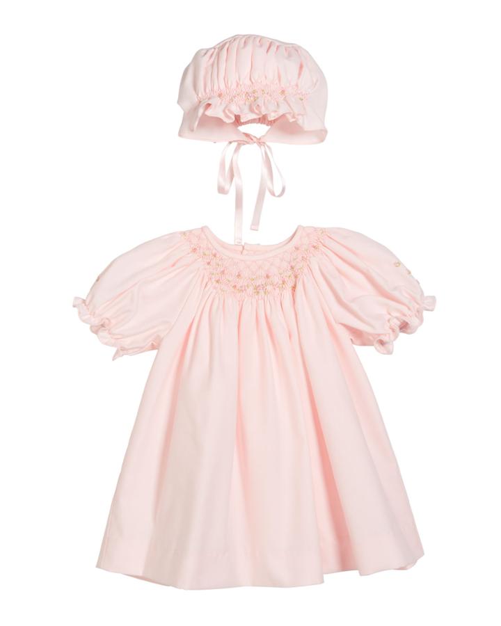 Smocked Bishop Dress W/ Matching Bonnet, Size Newborn-9