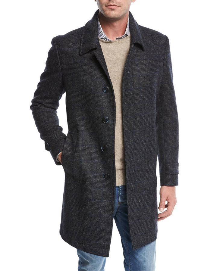 Single-breasted Plaid Wool Top Coat