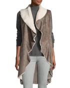 Faux-shearling Open-front Long Vest, Taupe
