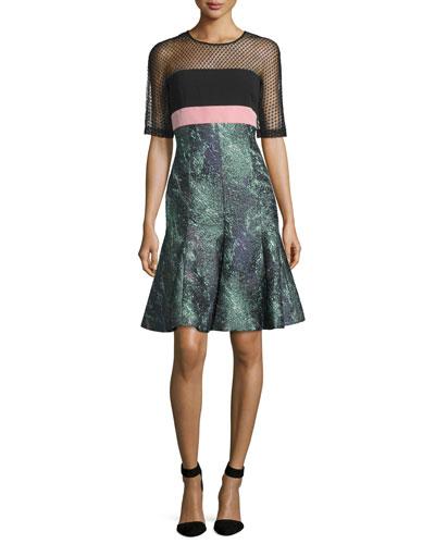 Mesh-inset Flounce-hem Dress, Mint/violet/noir