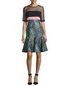 Mesh-inset Flounce-hem Dress, Mint/violet/noir