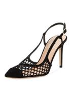 Suede Fishnet Slingback Pump, Black