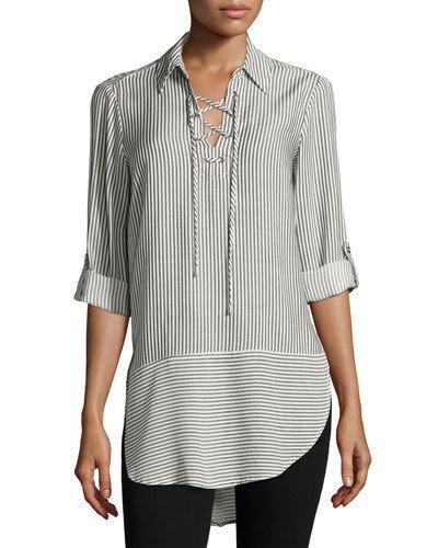Pinstriped Lace-up Tunic, Black/white