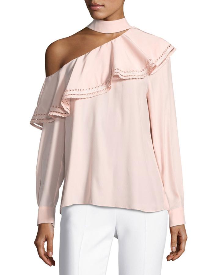 Bellini One-shoulder Silk Blouse W/ Eyelet