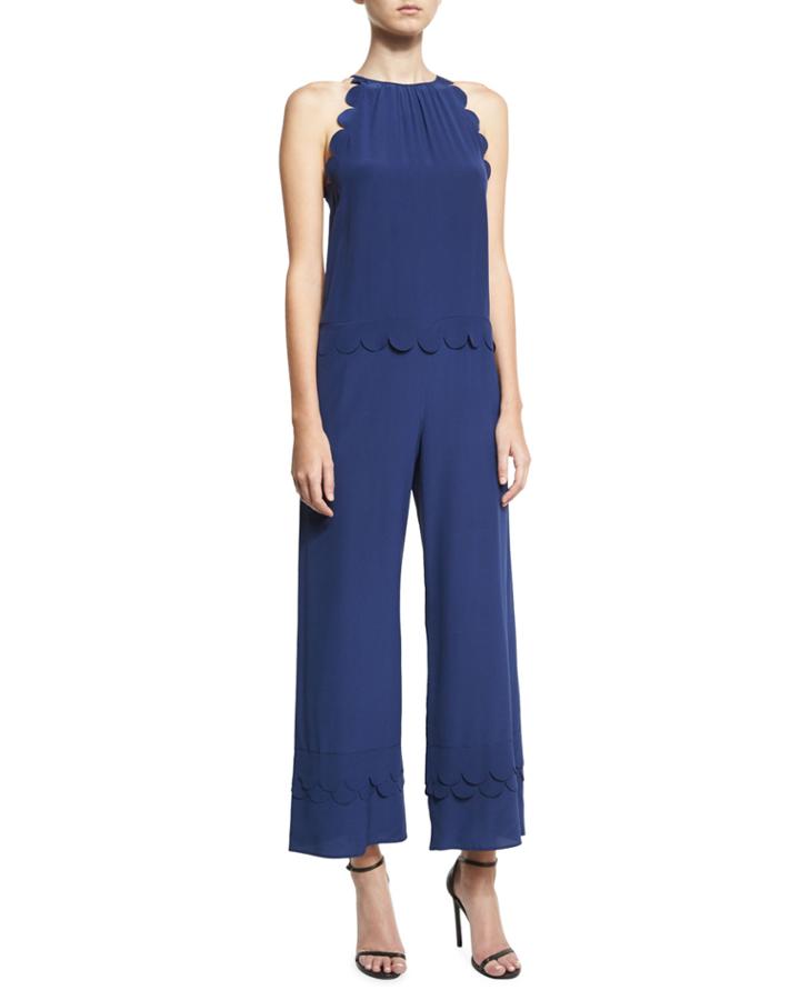 Scalloped Silk Halter Jumpsuit, Navy