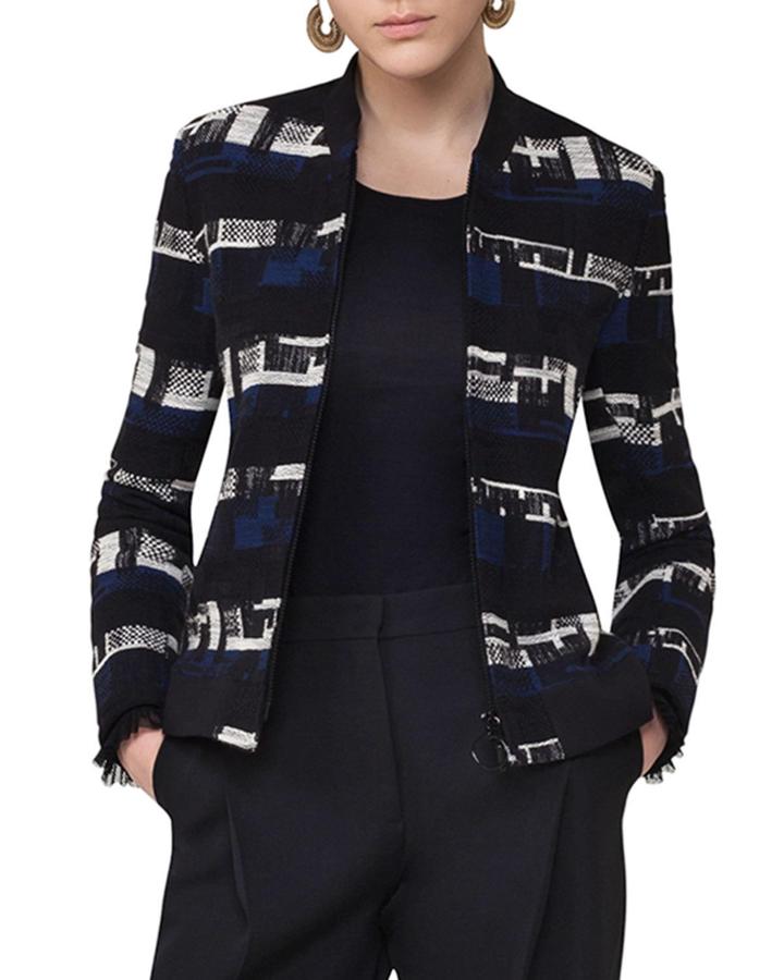 Zip-up Tweed Bomber Jacket, Blue Pattern
