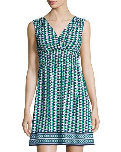 V-neck Printed Jersey Dress, Navy/blue