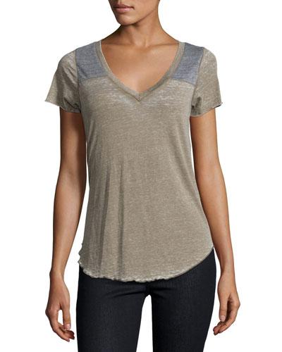 V-neck Cutout Colorblock Tee, Olive