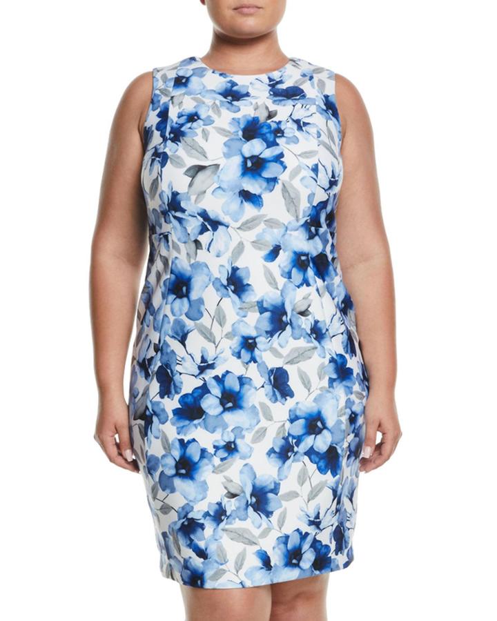 Floral-print Sleeveless Scuba Sheath Dress,
