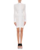 Sheer-striped Long-sleeve Mock-neck Cocktail Dress
