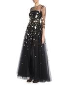 3/4-sleeve Macro-paillette Tulle Evening Gown