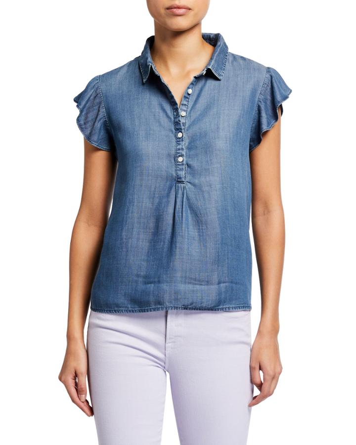 Spread-collar Flounce Cap-sleeve Chambray