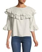 3/4-sleeve Pearly-trim Ruffle Blouse