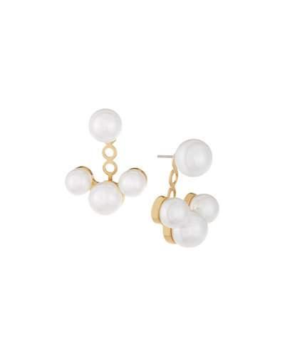Golden Simulated Pearl Jacket Earrings, White