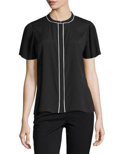 Pleated-sleeve Contrast-trim Blouse