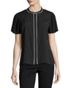 Pleated-sleeve Contrast-trim Blouse