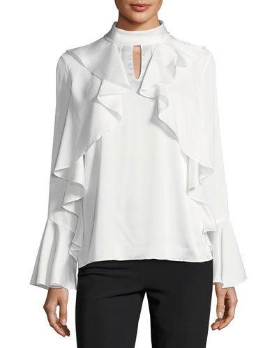 Ruffled Mock-neck Charmeuse Blouse