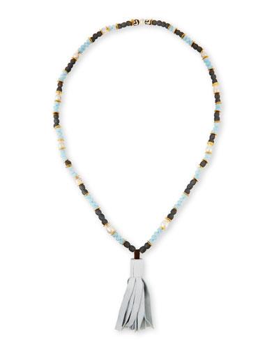 Long Beaded Necklace With Leather Tassel, Blue/gray