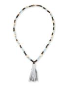 Long Beaded Necklace With Leather Tassel, Blue/gray