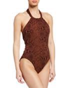 Dominique Snake-print Halter One-piece