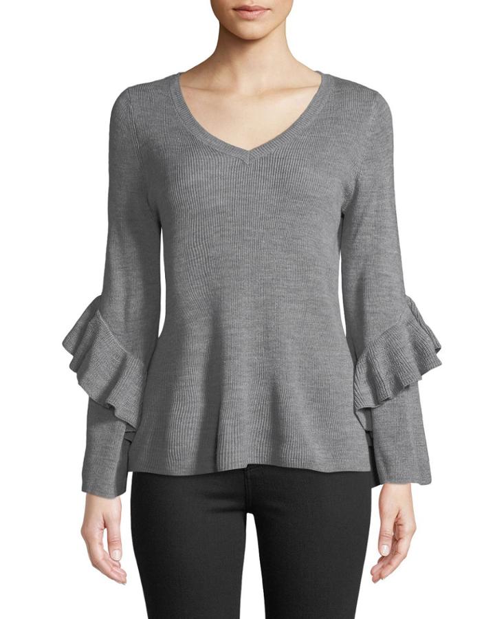 Ribbed Ruffle-sleeve V-neck