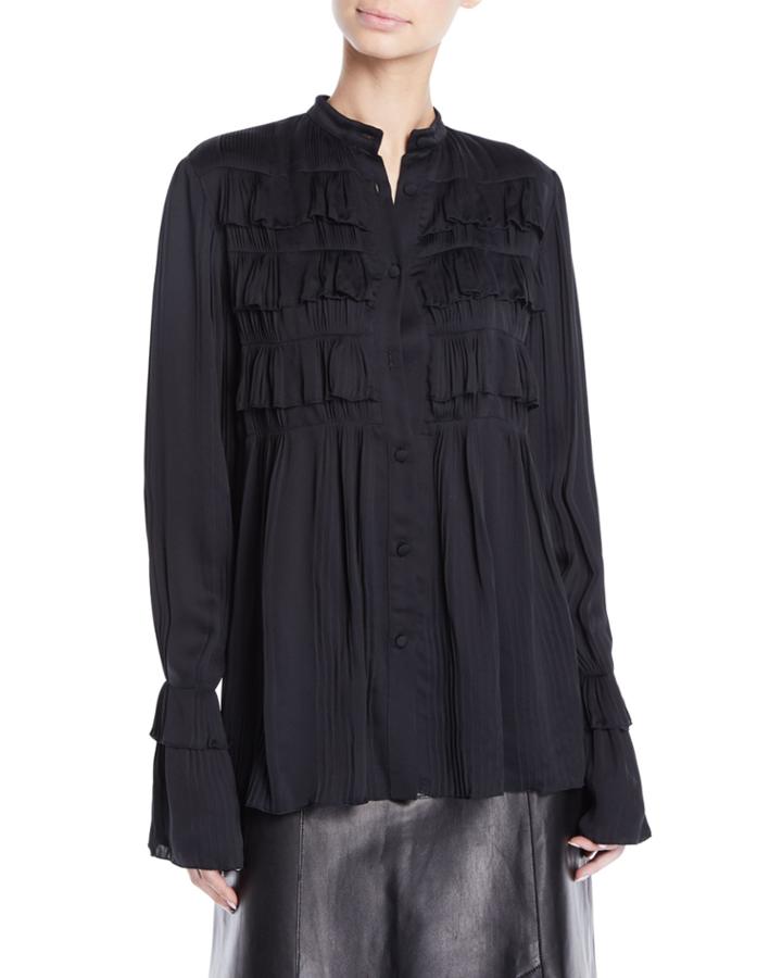 Button-front Long-sleeve Plisse Pleated Shirt W/ Ruffle French Cuff