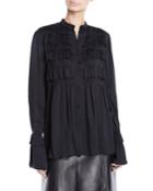 Button-front Long-sleeve Plisse Pleated Shirt W/ Ruffle French Cuff