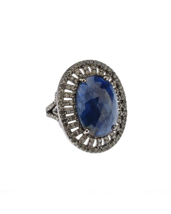 Silver Oval Ring With Blue Sapphire & Diamonds,