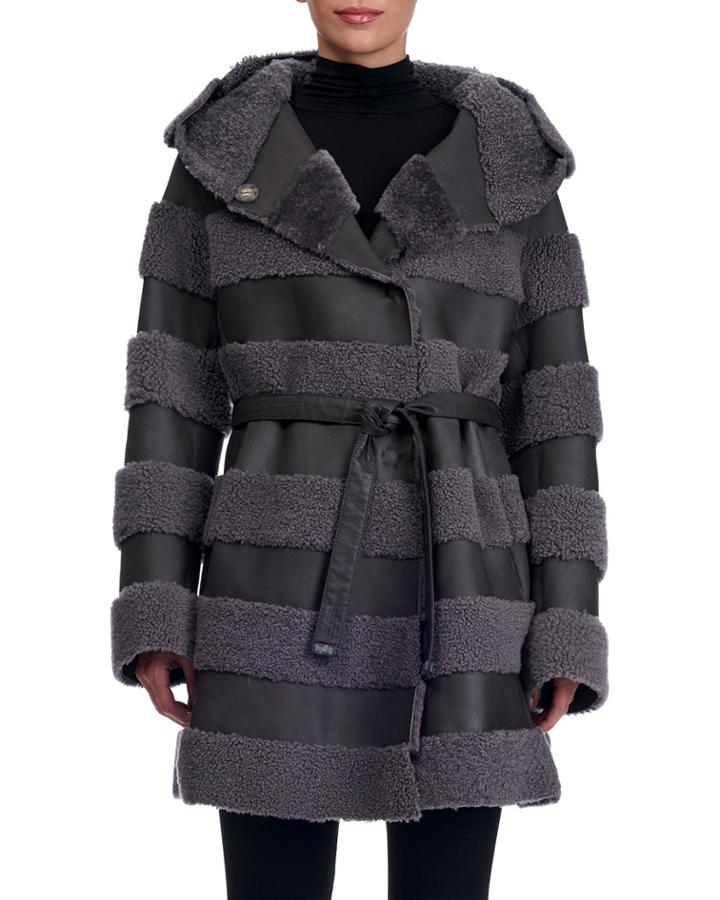 Snap-front Hooded Leather Jacket W/ Shearling