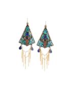 Turquoise, Lapis & Coral Triangle Fringe Earrings