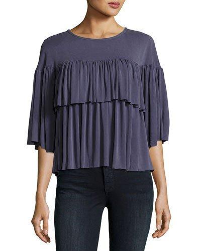 Double-ruffle Jersey Top, Blue