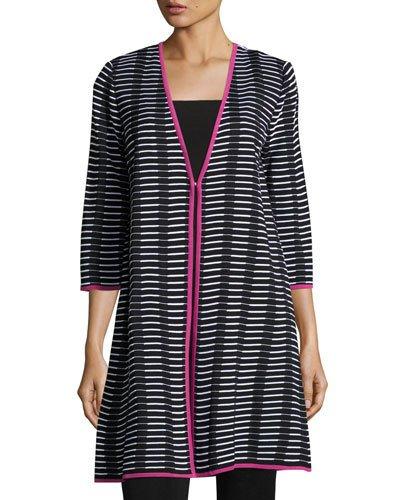 3/4-sleeve Grid-print Knit Jacket, Black Pattern