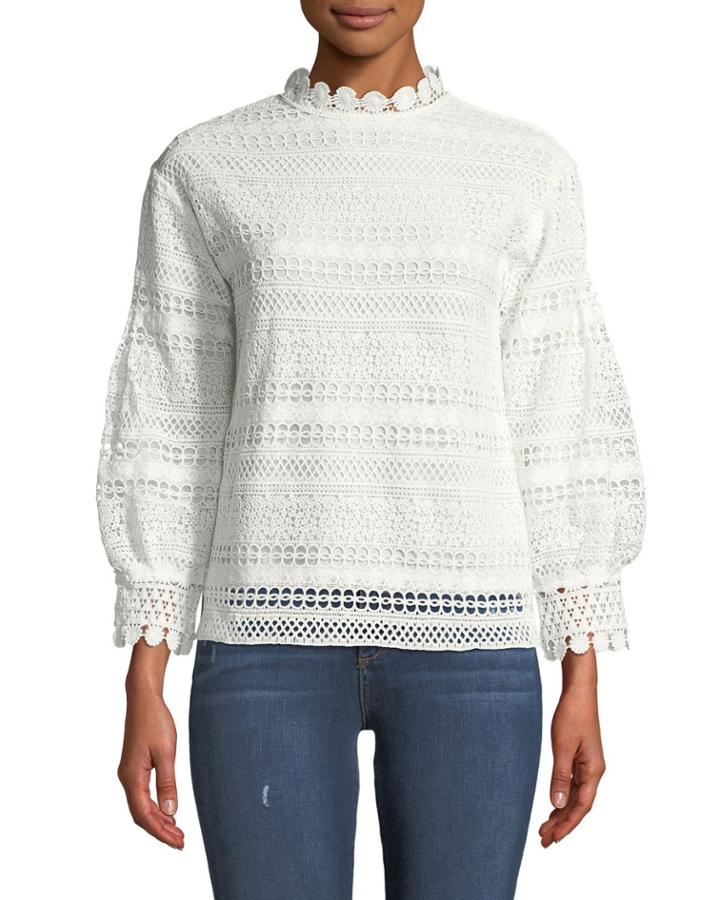 Puff-sleeve Lace-striped Blouse