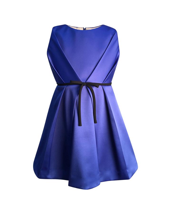 Girl's Bright Royal Satin Pleated Dress,
