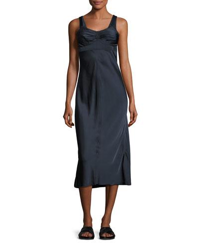 Sleeveless Ruched Satin Slip Dress, Navy