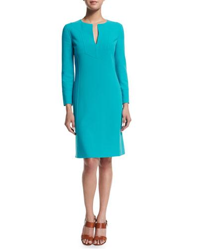 Long-sleeve Split-neck Tunic Dress, Aqua