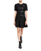 Faux-leather Striped Lace Fit-and-flare Dress