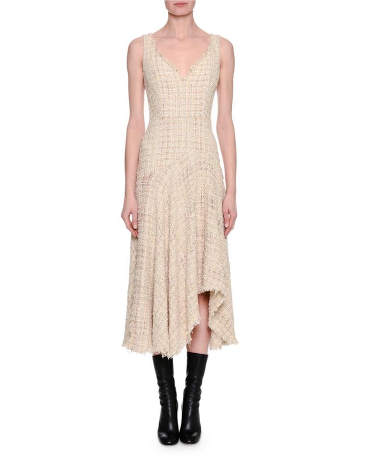 Metallic Tweed Sleeveless Draped Midi Dress, Ivory