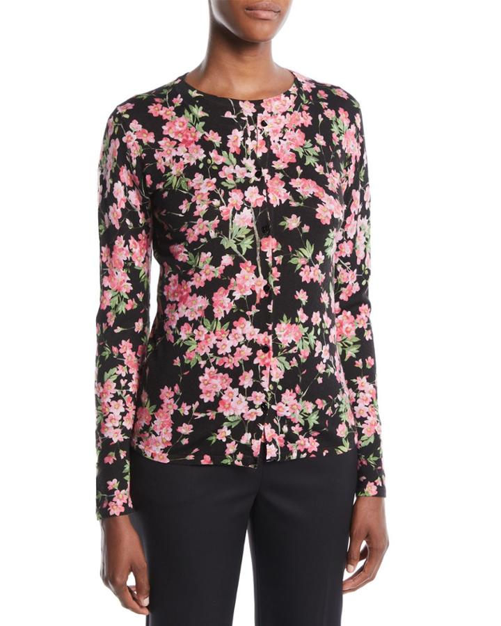 Round-neck Long-sleeve Floral-print Cardigan